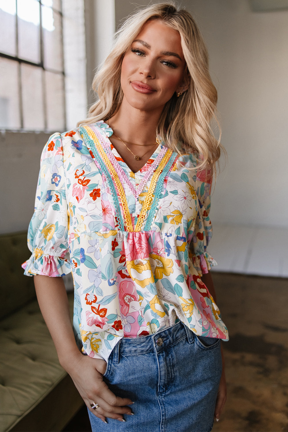 Solana Boho Flower Half Puff Sleeve Blouse