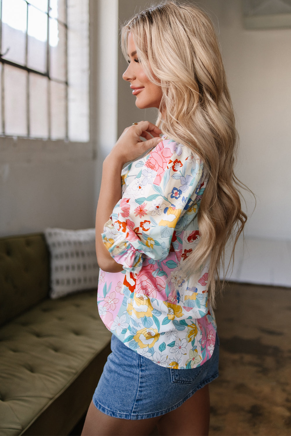 Solana Boho Flower Half Puff Sleeve Blouse