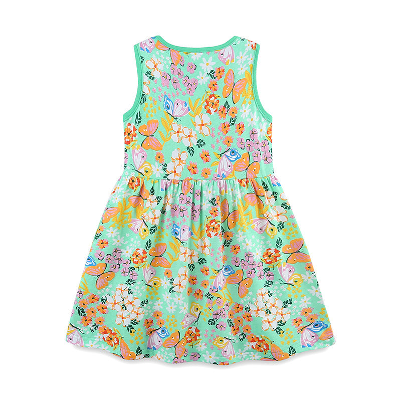 Summer Pure Cotton Flowers and Butterfly Pattern Sleeveless Dress for Stylish Girls