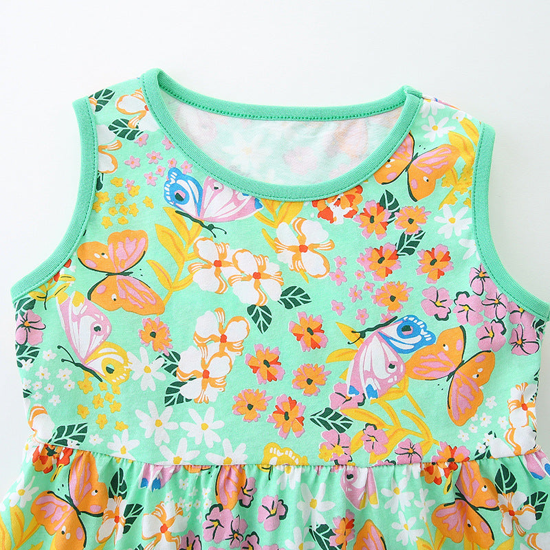 Summer Pure Cotton Flowers and Butterfly Pattern Sleeveless Dress for Stylish Girls