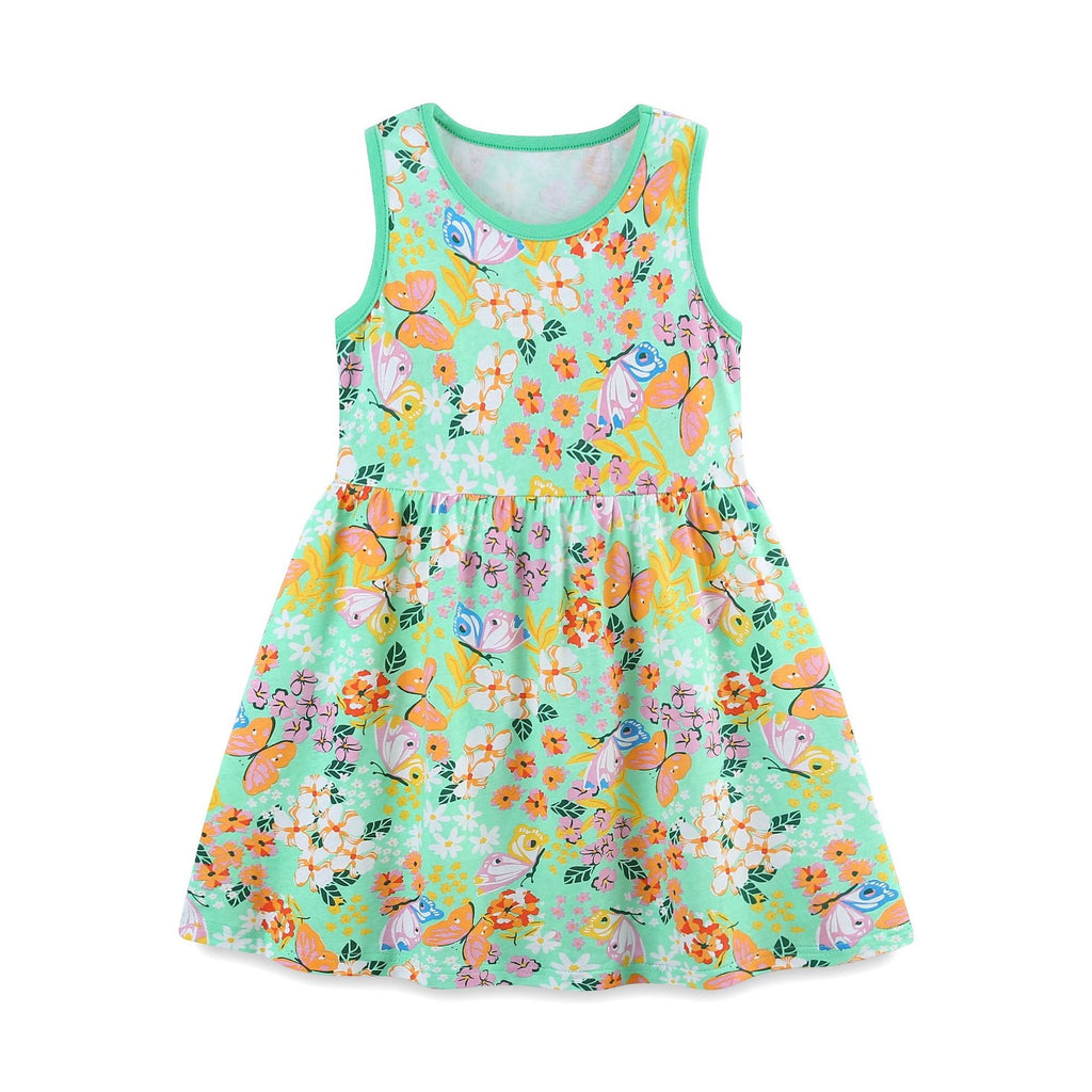 Summer Pure Cotton Flowers and Butterfly Pattern Sleeveless Dress for Stylish Girls